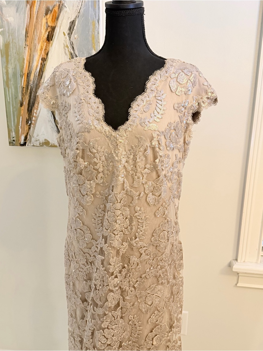Tadashi Shoji Lace-Embellished Midi Dress in Champagne Beige